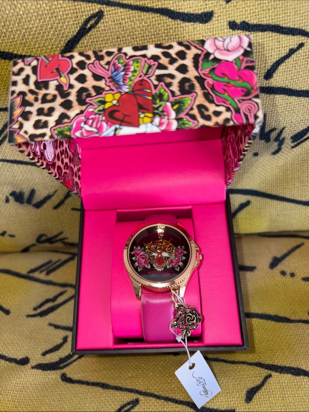 Ed Hardy Pink Floral Charm Watch with Rose Pendant